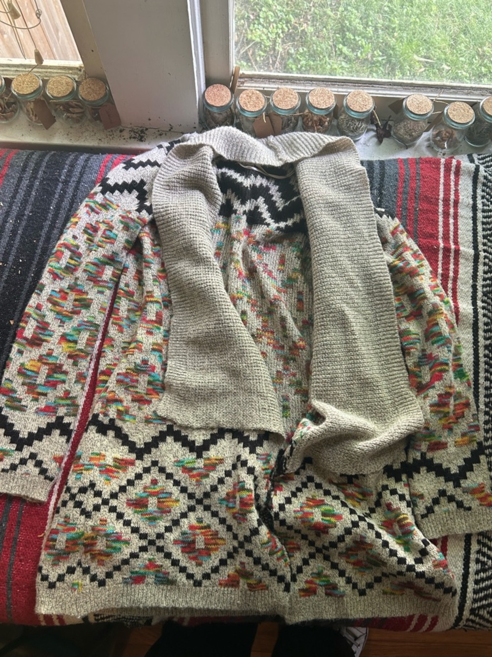 Multicolor Patterned Knit Cardigan with Neutral Shawl Collar